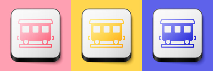 Isometric Passenger train cars icon isolated on pink, yellow and blue background. Railway carriage. Square button. Vector