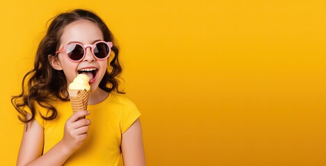 Young Girl Eating Ice Cream on a Yellow Background with Space for Copy (Generative AI)