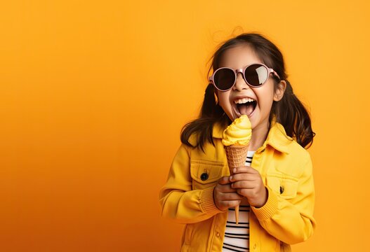 Young Girl Eating Ice Cream on a Yellow Background with Space for Copy (Generative AI)