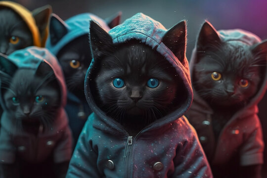 black baby cats wearing plain color hoodies with vivid color bomb explosion backgrounds, cute and adorable animals, explosive colorful backgrounds, digital art. Generative AI