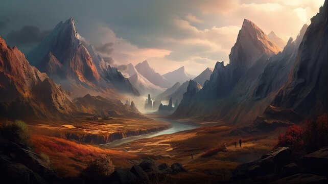 Mountain Fantasy Backdrop, Concept Art, CG Artwork, Realistic Illustration with Generative AI
