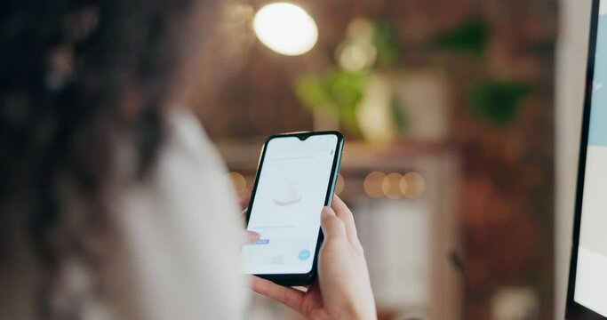 Phone screen, online shopping and ecommerce, woman scroll retail website for product choice and network. Smartphone, technology and female at work, search store app and connectivity with supply chain