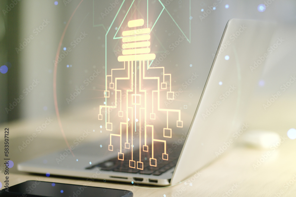 Aufkleber Creative idea concept with light bulb and microcircuit illustration on modern laptop background. Neural networks and machine learning concept. Multiexposure