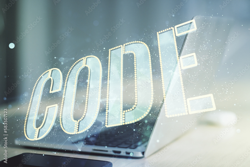 Poster Creative Code word sign on modern computer background, international software development concept. Multiexposure