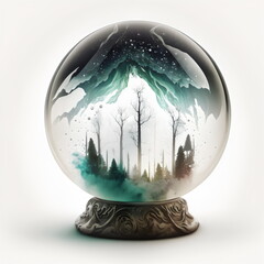 crystal ball with forest trees inside on light studio background, made with generative ai