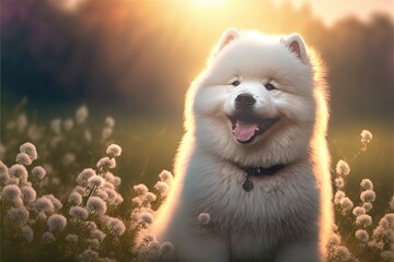Naklejka na ściany i meble portrait of a purebred dog samoyed smile happiness. Generative AI