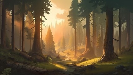 Pine Forest Fantasy Backdrop, Concept Art, CG Artwork, Realistic Illustration with Generative AI
