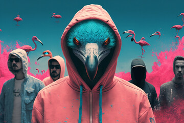 Group of flamingos wearing plain color hoodies with vivid color bomb explosion backgrounds, cute and adorable animals, explosive colorful backgrounds, digital art. Generative AI