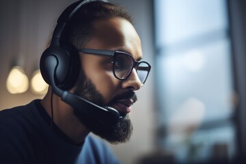 Costumer service man wearing headset and microphone at work. Close yup face shot. Generative AI