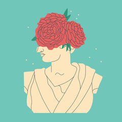 Decorative ancient Greek goddess woman. Antique sculpture with a bouquet of peonies on the head. Vector isolated trend illustration.
