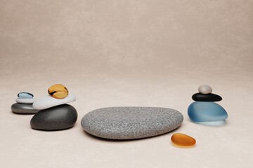 Podium, Cosmetic display stand with pebble stones on beige gray background. 3D rendering