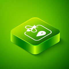 Isometric Bee location map pin pointer icon isolated on green background. Farm animal map pointer. Green square button. Vector