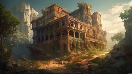Fototapeta na wymiar Ruin Building Fantasy Backdrop, Concept Art, CG Artwork, Realistic Illustration with Generative AI 