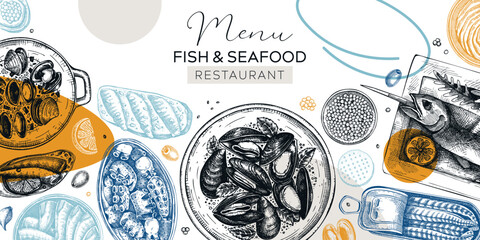 Collage style seafood background. Hand-drawn mussels, oysters, caviar, grilled fish, canned fish canape sketches. Restaurant menu, finger food party banner design. Abstract and geometric shapes