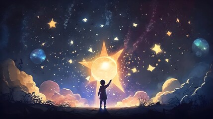 Reach out for the stars, young boy standing among glowing planets and holding the star up in the night sky, Generative AI - obrazy, fototapety, plakaty