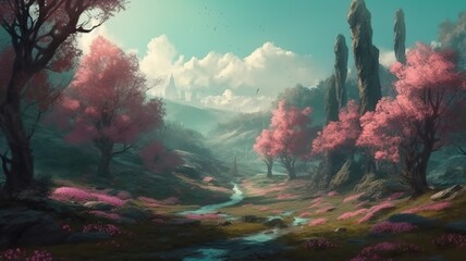 Spring Land Fantasy Backdrop, Concept Art, CG Artwork, Realistic Illustration with Generative AI
