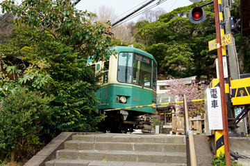 Naklejka premium 鳥居の前に踏切がある御霊神社と江ノ電1000形 