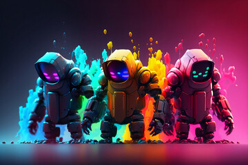 Group of baby android robots wearing plain color hoodies with vivid color bomb explosion backgrounds, cute and adorable, explosive colorful backgrounds, digital art. Generative AI