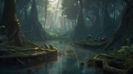 Fototapeta premium Swam Fantasy Backdrop, Concept Art, CG Artwork, Realistic Illustration with Generative AI 