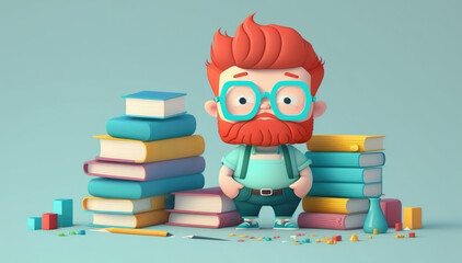 A red-haired man surrounded by stacks of books, lost in the world of words and ideas, his passion for learning and knowledge evident. Generative AI - obrazy, fototapety, plakaty