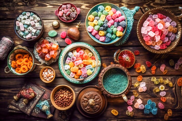 Turkish delights. Various pieces of traditional Turkish sweets on a wooden table. Created with Generative AI technology.