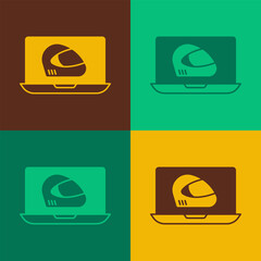 Pop art Racing helmet icon isolated on color background. Extreme sport. Sport equipment. Vector