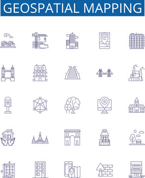 Geospatial mapping line icons signs set. Design collection of Geomapping, Geospatial, GIS, Mapping, Visualization, Surveying, Cartography, Analysis outline concept vector illustrations
