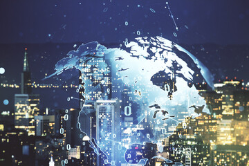 Double exposure of abstract programming language hologram and world map on San Francisco city skyscrapers background, research and development concept