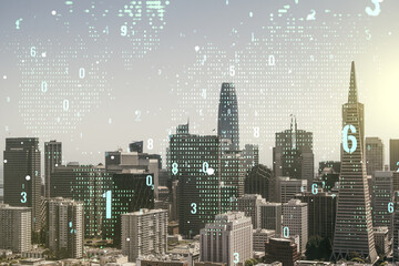 Multi exposure of abstract software development hologram and world map on San Francisco skyscrapers background, global research and analytics concept