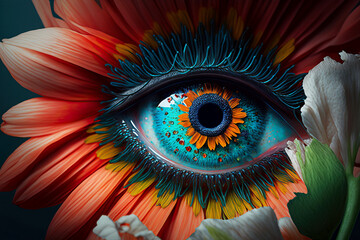 Auge mit Blumenkranz, Symbolbild für "Durch die Blume sehen", ki generated