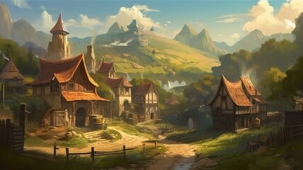 Fototapeta premium Village Fantasy Backdrop, Concept Art, CG Artwork, Realistic Illustration with Generative AI 