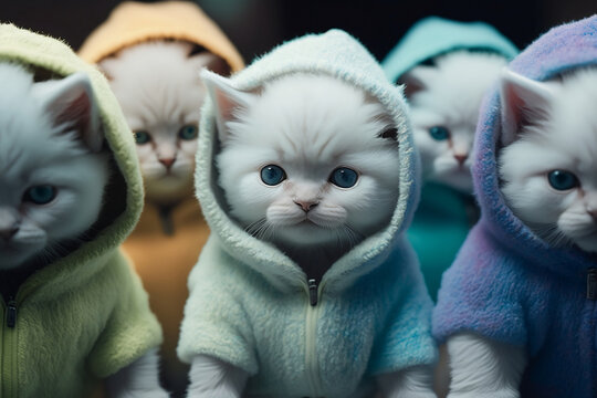 Ultra detailed group of baby kittens wearing plain color hoodies with vivid color bomb explosion backgrounds, cute and adorable animals, explosive colorful backgrounds, digital art. Generative AI