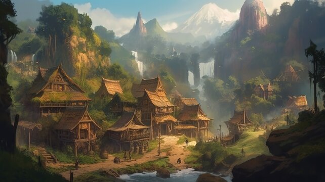 Village Fantasy Backdrop, Concept Art, CG Artwork, Realistic Illustration with Generative AI
