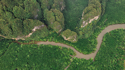 Aerial View of limestone mountains in Krabi Province Thailand
