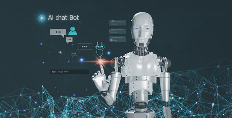 Obraz na płótnie Canvas Artificial intelligence Use chatbots on communication devices Use Q&A commands to create AI tasks using technology developed by programmers. Smart robots of the future. Cutting-edge AI technology.