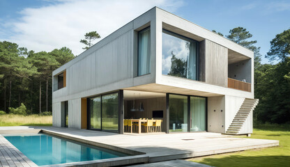 Fototapeta na wymiar Concrete and glass. Ultra-modern minimalistic style house design. Generative AI