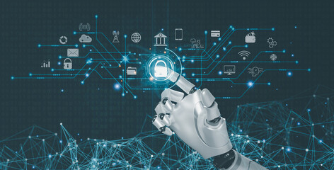 Artificial Intelligence Internet of Things Network Protection Global Business Robots Touch Key Protection Icons Digital technology concepts online marketing, data analysis, e-commerce connectivity