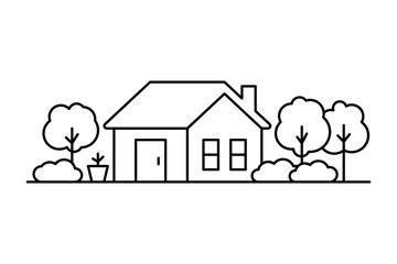 House and garden line art. Building, real estate architecture, apartment. Facade home in country exterior. Vector illustration