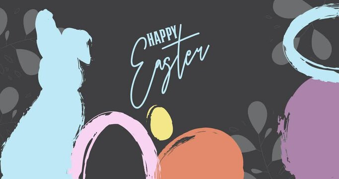 Happy Easter animation with big rabbit and eggs. Elegant Holiday cartoon invitation design. Greeting card with painted bunny and egg. Modern minimal video in pastel colors.