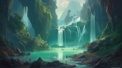 Waterfall Fantasy Backdrop, Concept Art, CG Artwork, Realistic Illustration with Generative AI
