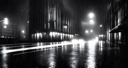 film noir style image of tall buildings along a wet road in a futuristic modern city at night with illuminated skyscrapers and glowing lights and refelcted in the rain. generative ai