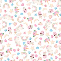 Pattern Unicorn candy and rainbow watercolor cute