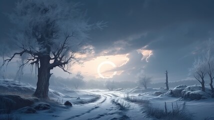 Winter Nature Fantasy Backdrop, Concept Art, CG Artwork, Realistic Illustration with Generative AI
