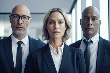Portrait of three businessmen and women of various races and ages in the hall of a modern, minimalist and bright office. Multi-ethnic business group. Generative AI