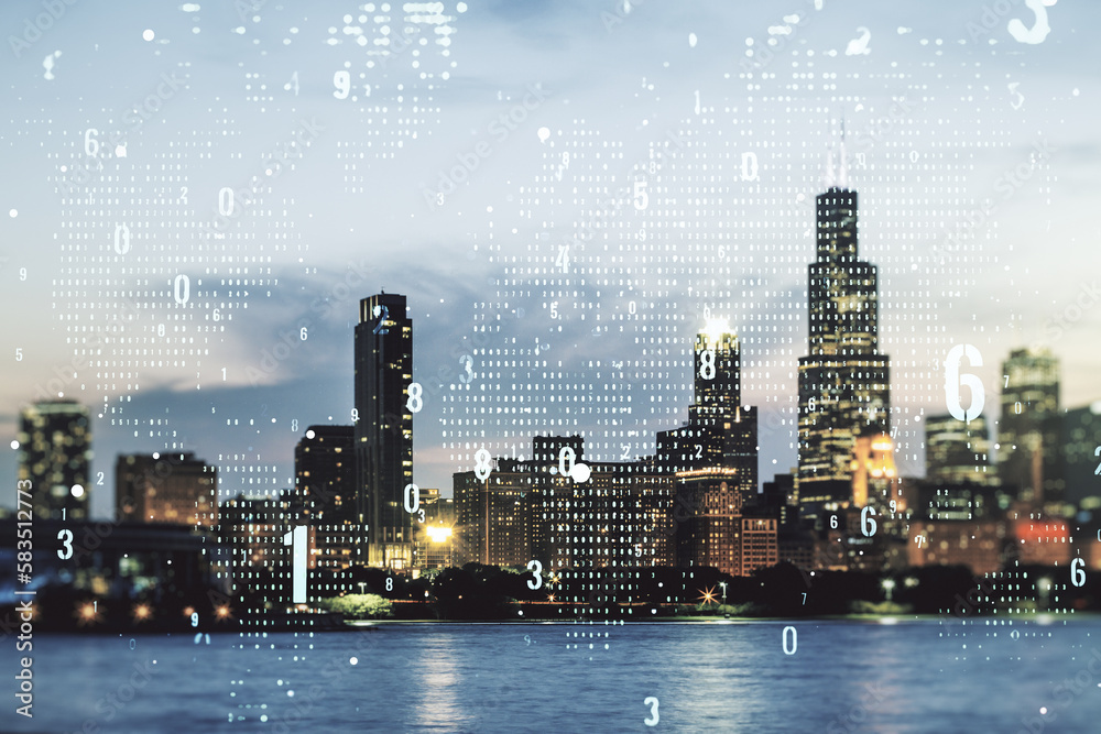 Poster abstract virtual coding illustration and world map on chicago cityscape background, international so