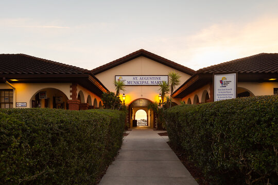 St. Augustine, Florida, USA, February 15, 2023 - The entrance to the municipal marina building at sunrise