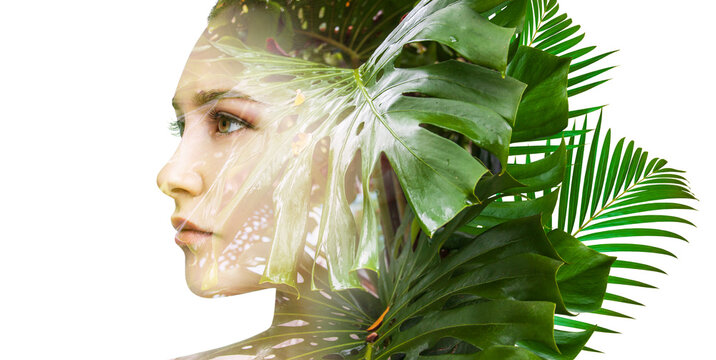 Double exposure of woman and tropical plants on white background.