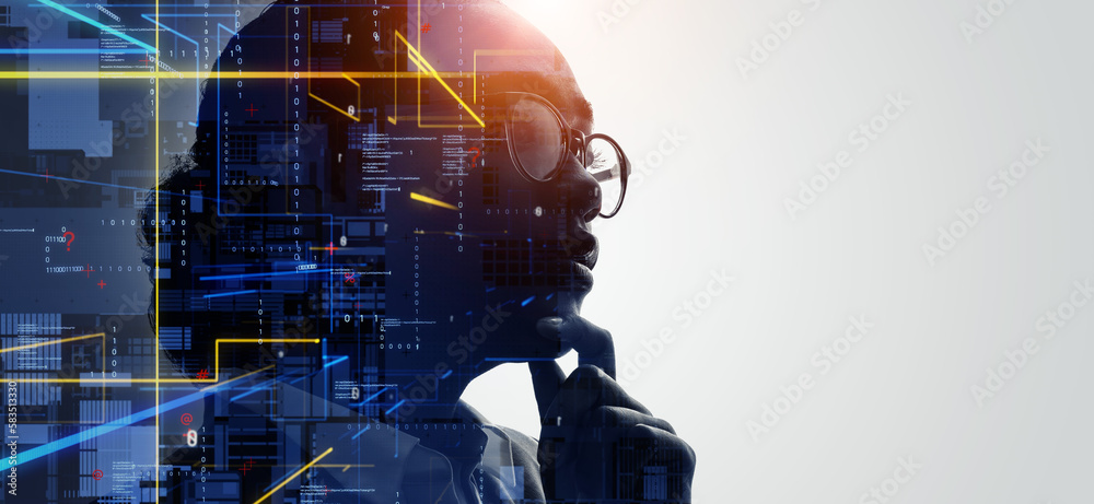Poster profile of woman and data network concept. artificial intelligence. wide angle visual for banners or