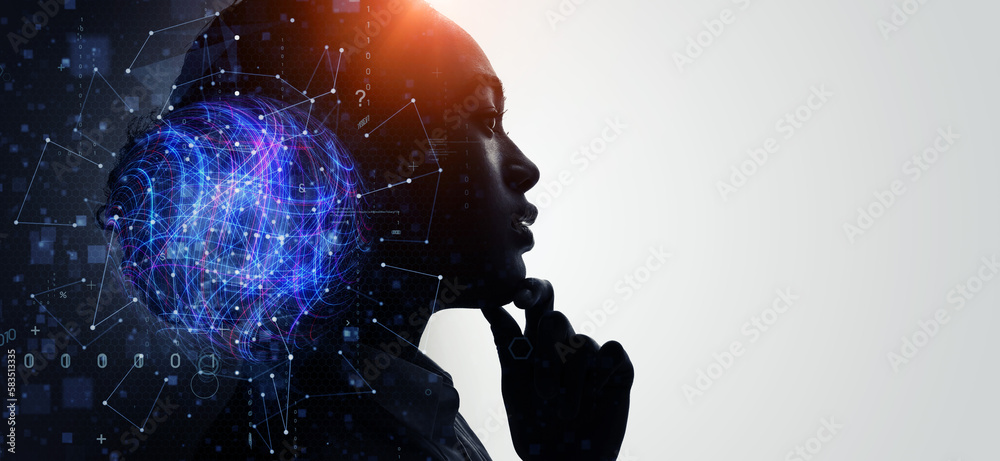 Poster profile of woman and data network concept. artificial intelligence. wide angle visual for banners or