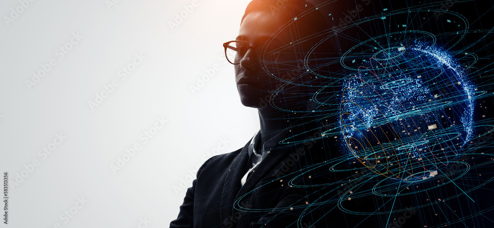 Aufkleber Profile of woman and data network concept. Artificial intelligence. Wide angle visual for banners or advertisements.